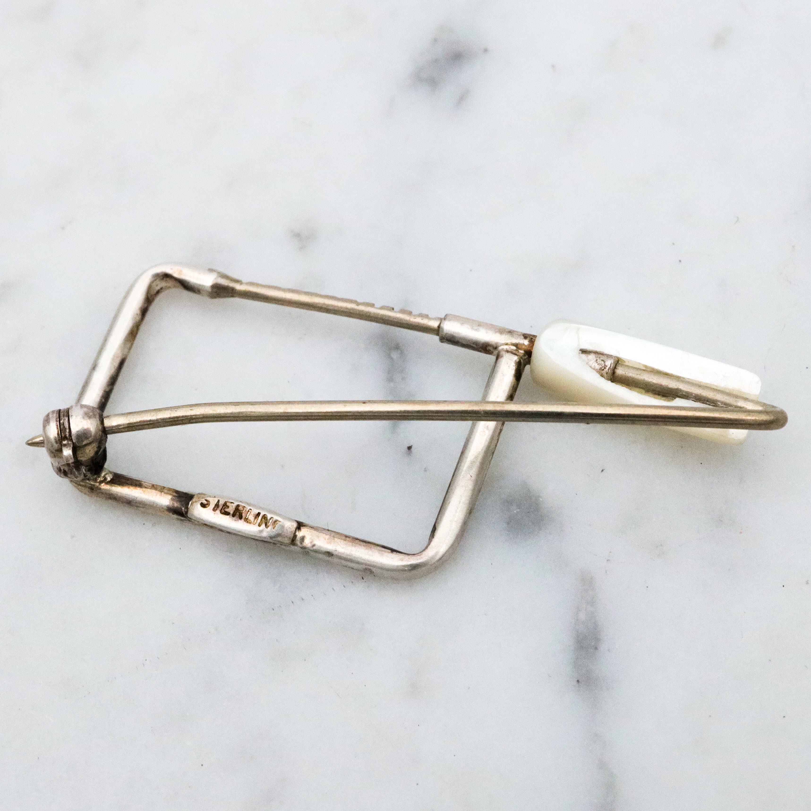 Unique one of a kind sterling & mother of pearl coping saw brooch